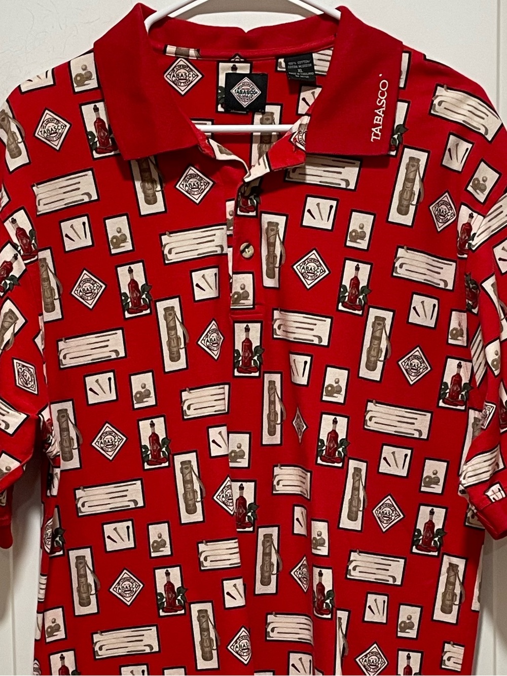 Vintage Tabasco Golf Polo Men’s Sz XL Red Bottle Tee & Bag Print GREAT CONDITION